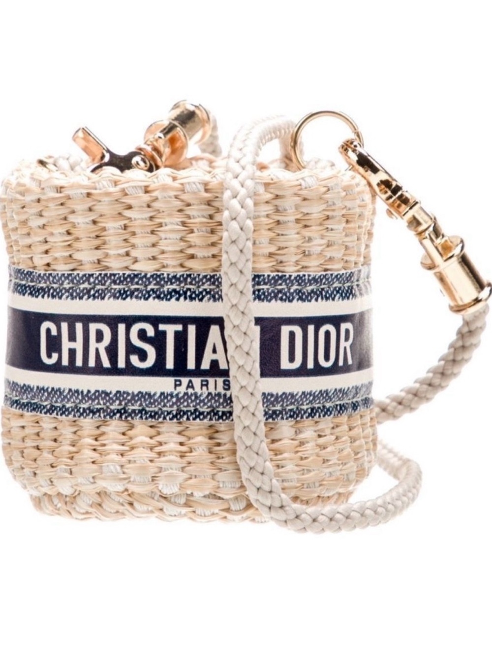 Dior Natural Woven GWP Mini Crossbody with Navy Logo Band